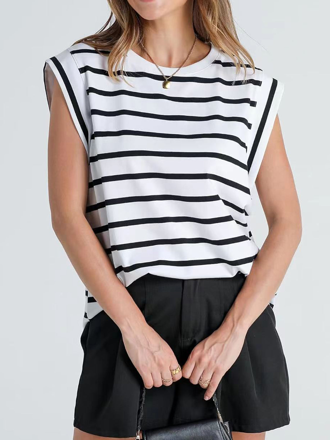 (S-2X) Happiest Here Striped Round Neck Cap Sleeve T-Shirt (Multiple Colors)