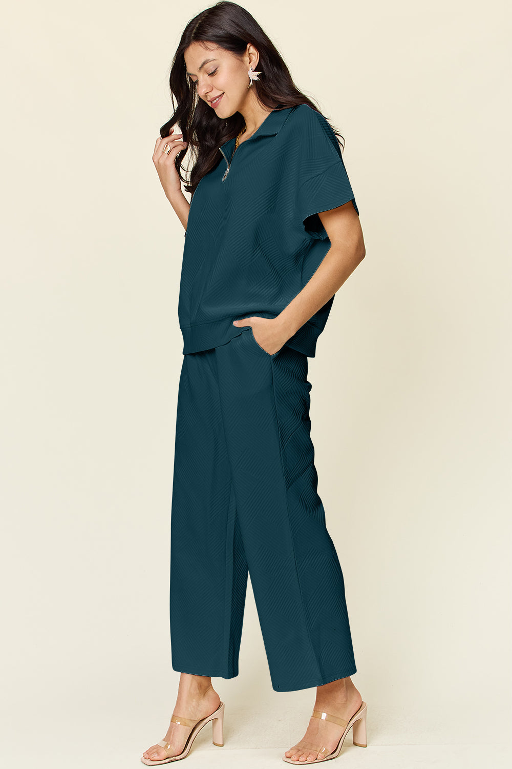 Trying Again Texture Half Zip Short Sleeve Top and Pants Set (Multiple Colors) - BP