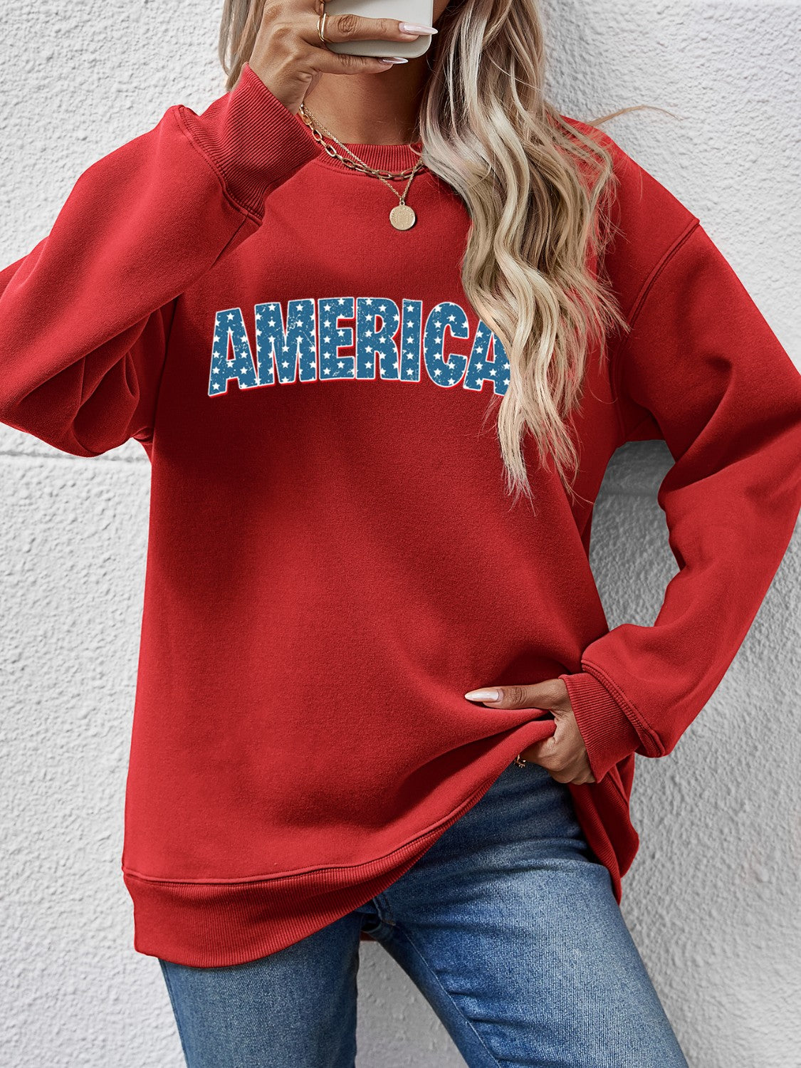 Proud To Be Here AMERICA Round Neck Dropped Shoulder Sweatshirt