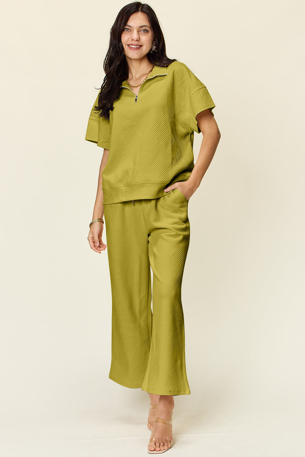 Trying Again Texture Half Zip Short Sleeve Top and Pants Set (Multiple Colors) - BP