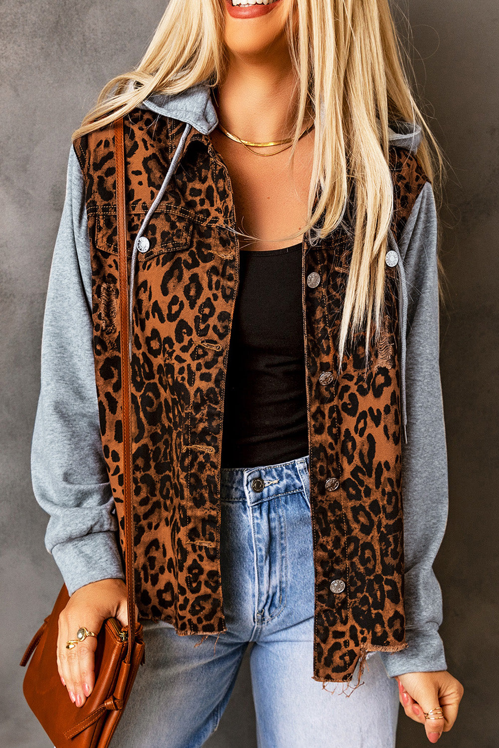 Forever Crush Leopard Distressed Drawstring Hooded Denim Jacket - BP