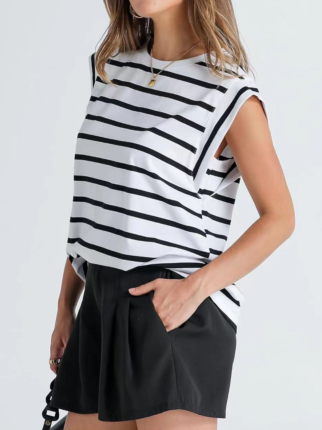 (S-2X) Happiest Here Striped Round Neck Cap Sleeve T-Shirt (Multiple Colors)