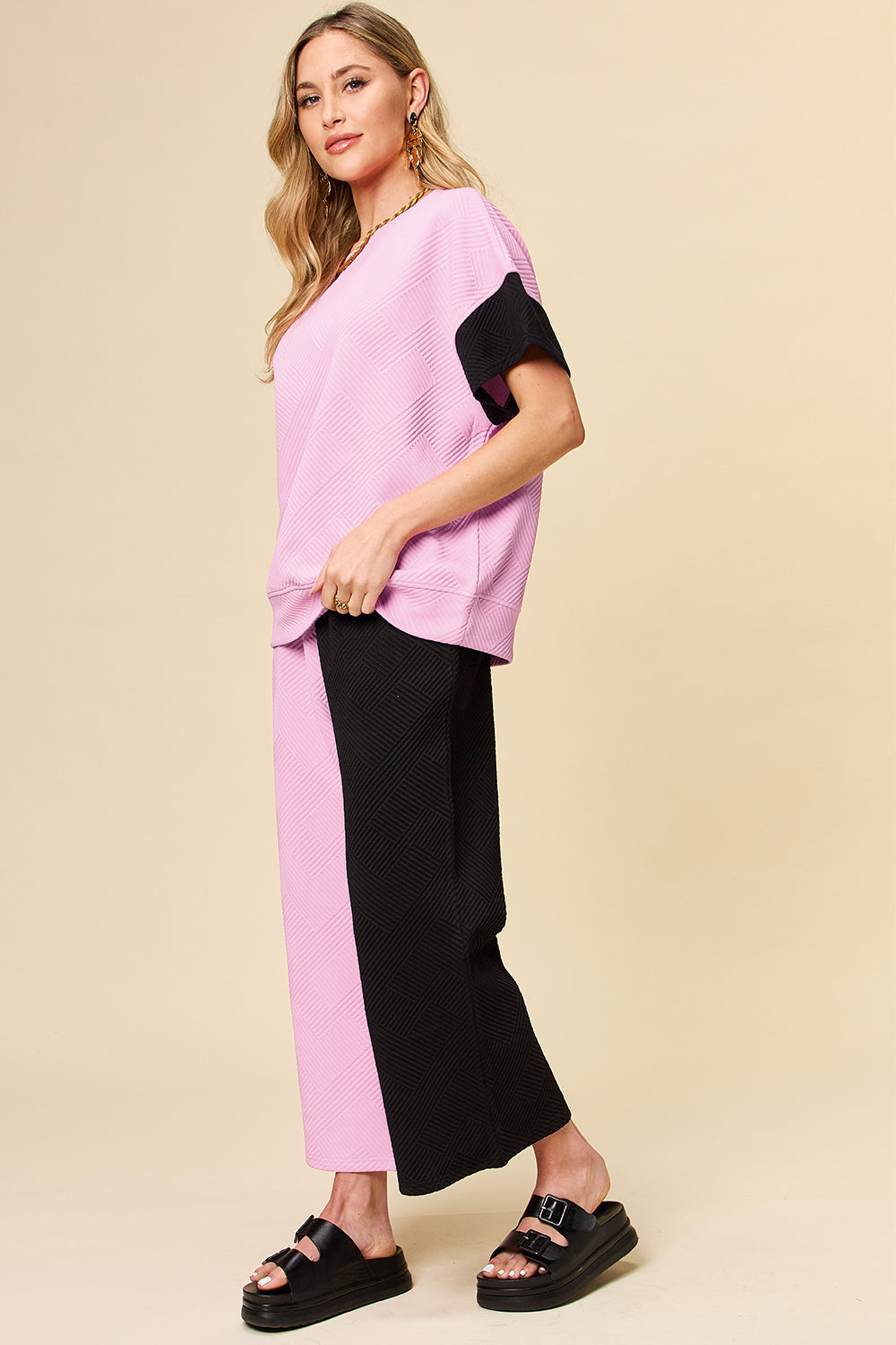 Block The Haters Double Take Full Size Texture Contrast T-Shirt and Wide Leg Pants Set