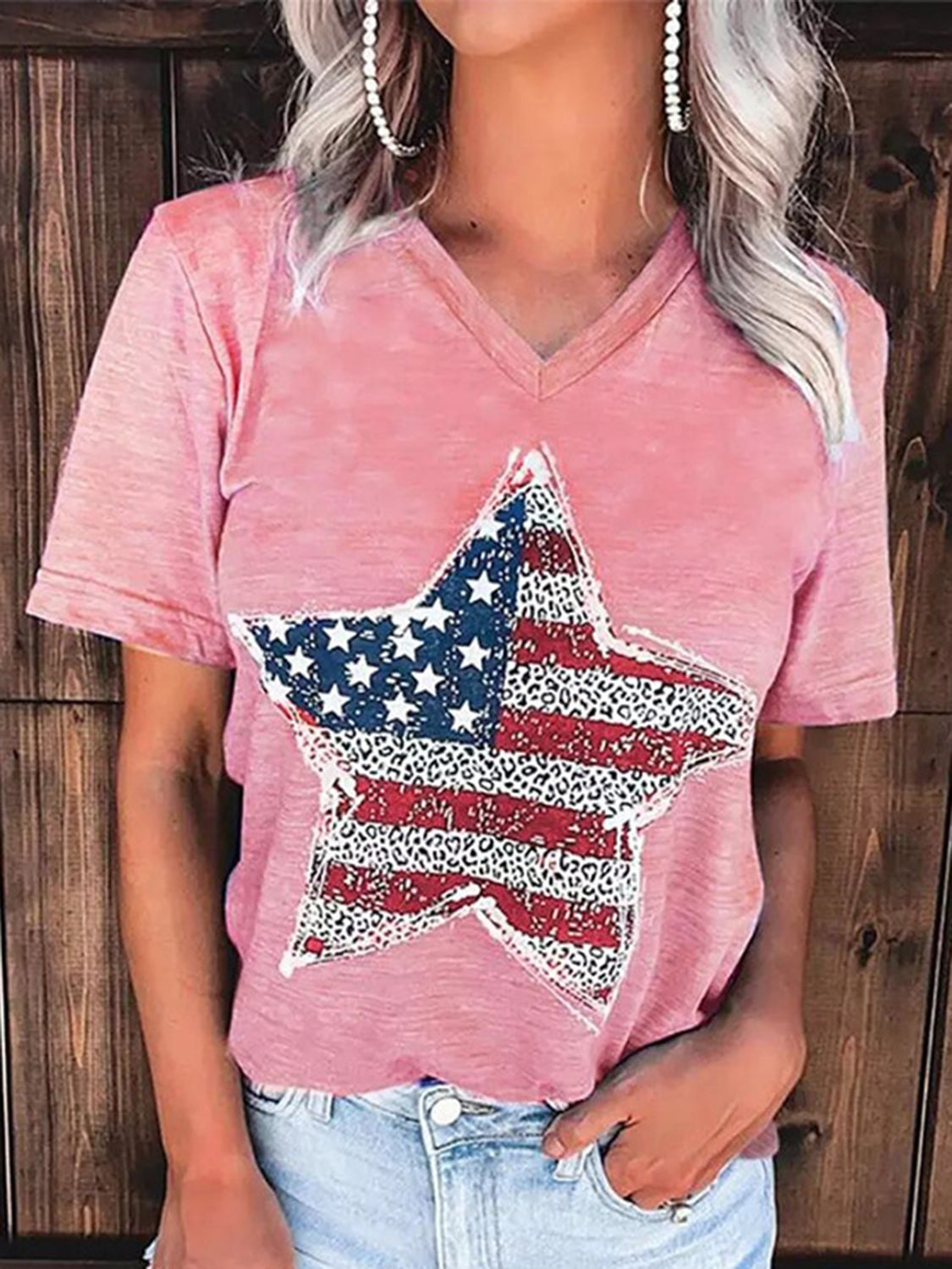 (S-2X) Stand For The Flags US Flag Graphic V-Neck Short Sleeve T-Shirt