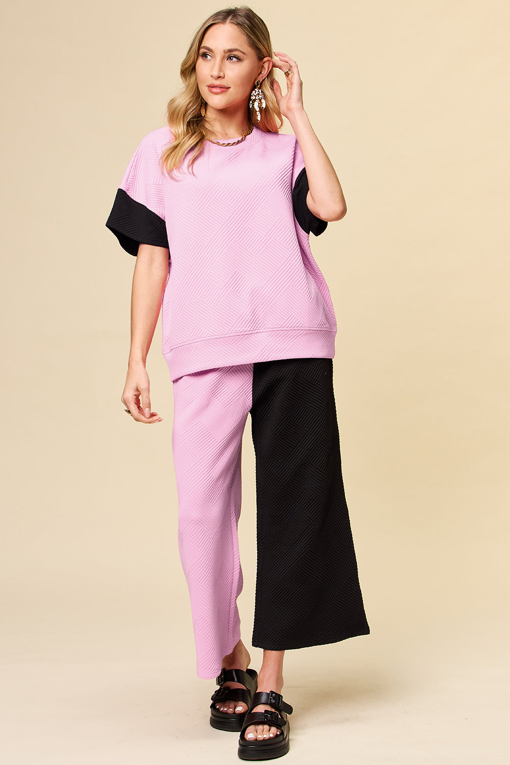 Block The Haters Double Take Full Size Texture Contrast T-Shirt and Wide Leg Pants Set