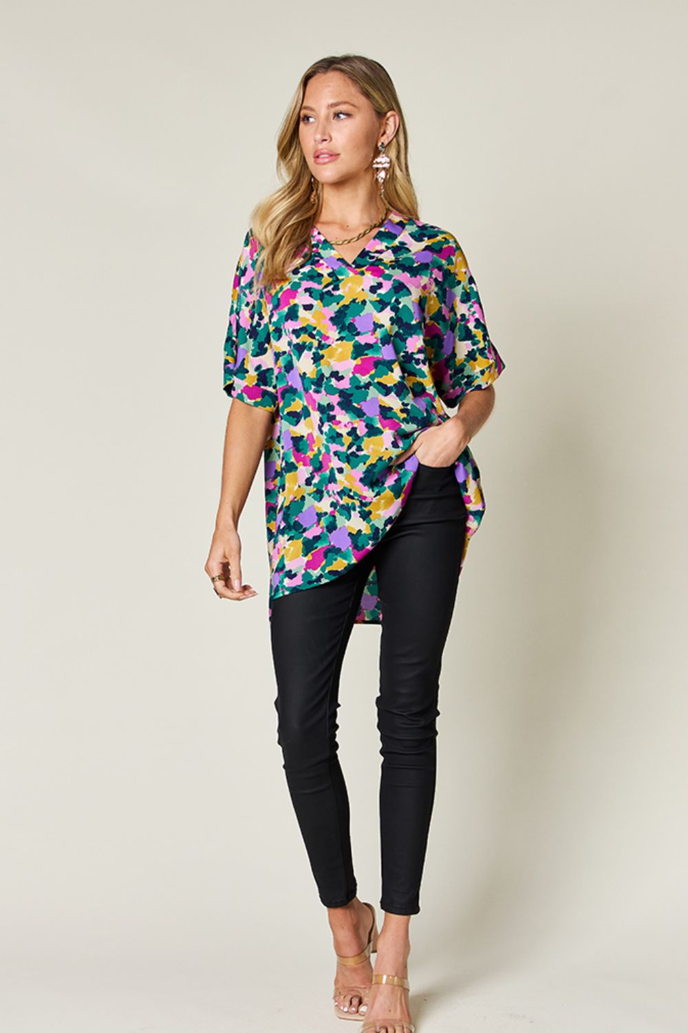 (S-3X) Spring Showers Printed V-Neck Short Sleeve Blouse (Double Take) - BP