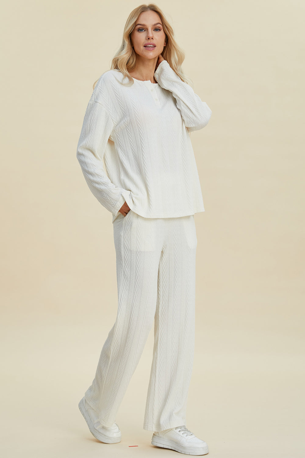 (S-3X /Multiple Colors) Trust Me Double Take Cable-Knit Long Sleeve Top and Pants Set