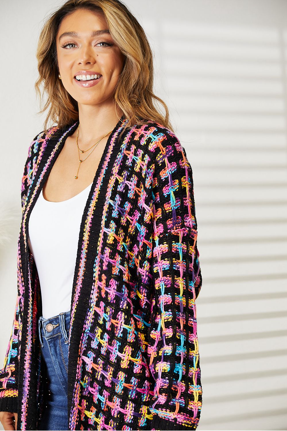 Color My Soul Full Size Multicolored Open Front Fringe Hem Cardigan - BP