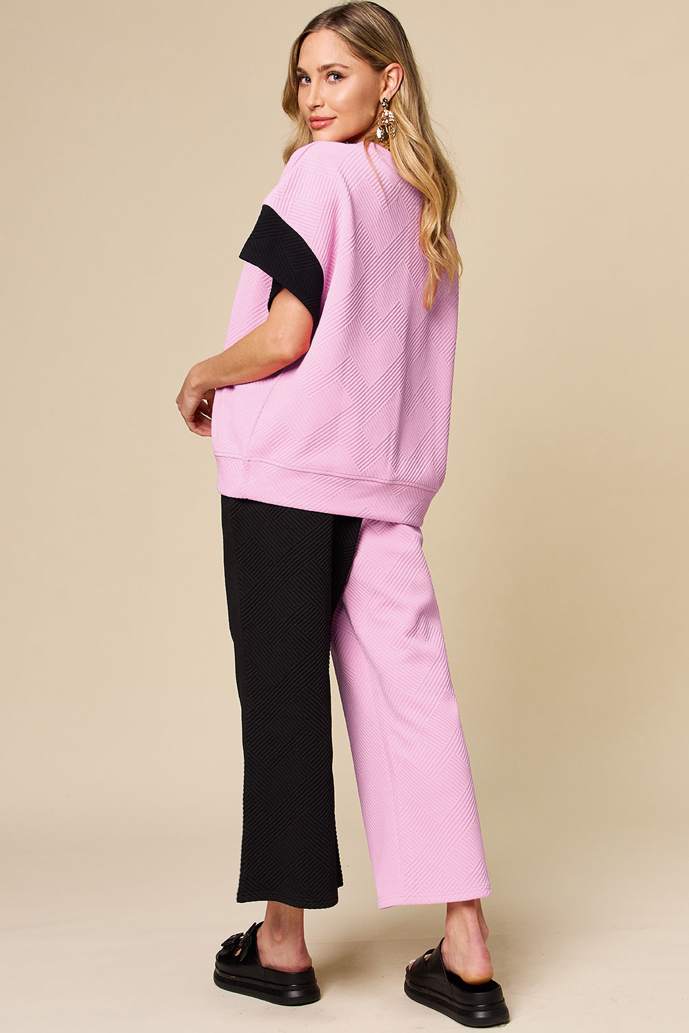 Block The Haters Double Take Full Size Texture Contrast T-Shirt and Wide Leg Pants Set