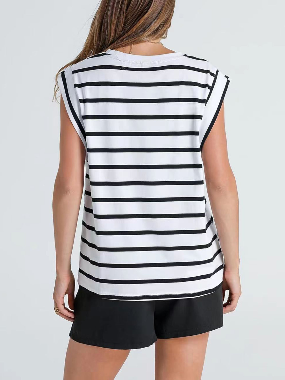 (S-2X) Happiest Here Striped Round Neck Cap Sleeve T-Shirt (Multiple Colors)