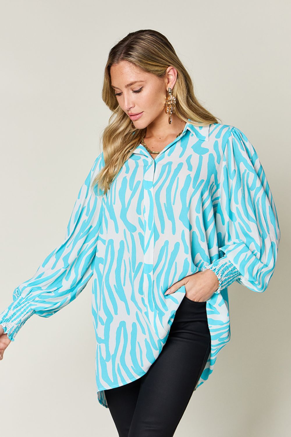 (S-3X) Stating My Opinion Printed Smocked Long Sleeve Blouse (Multiple Colors) - BP