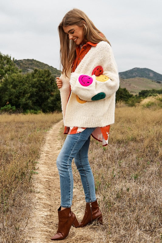 Keep Me Happy Fuzzy Smile Long Bell Sleeve Knit Cardigan