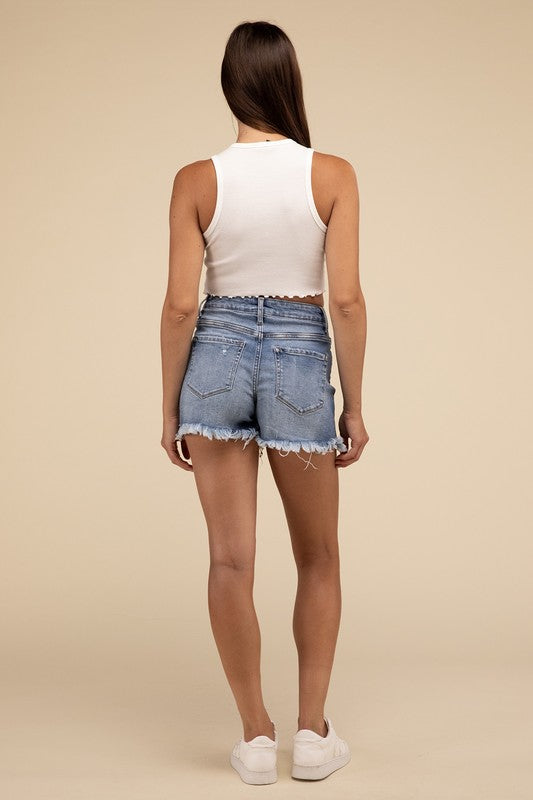 Heather Mid Rise Raw Frayed Hem Denim Shorts