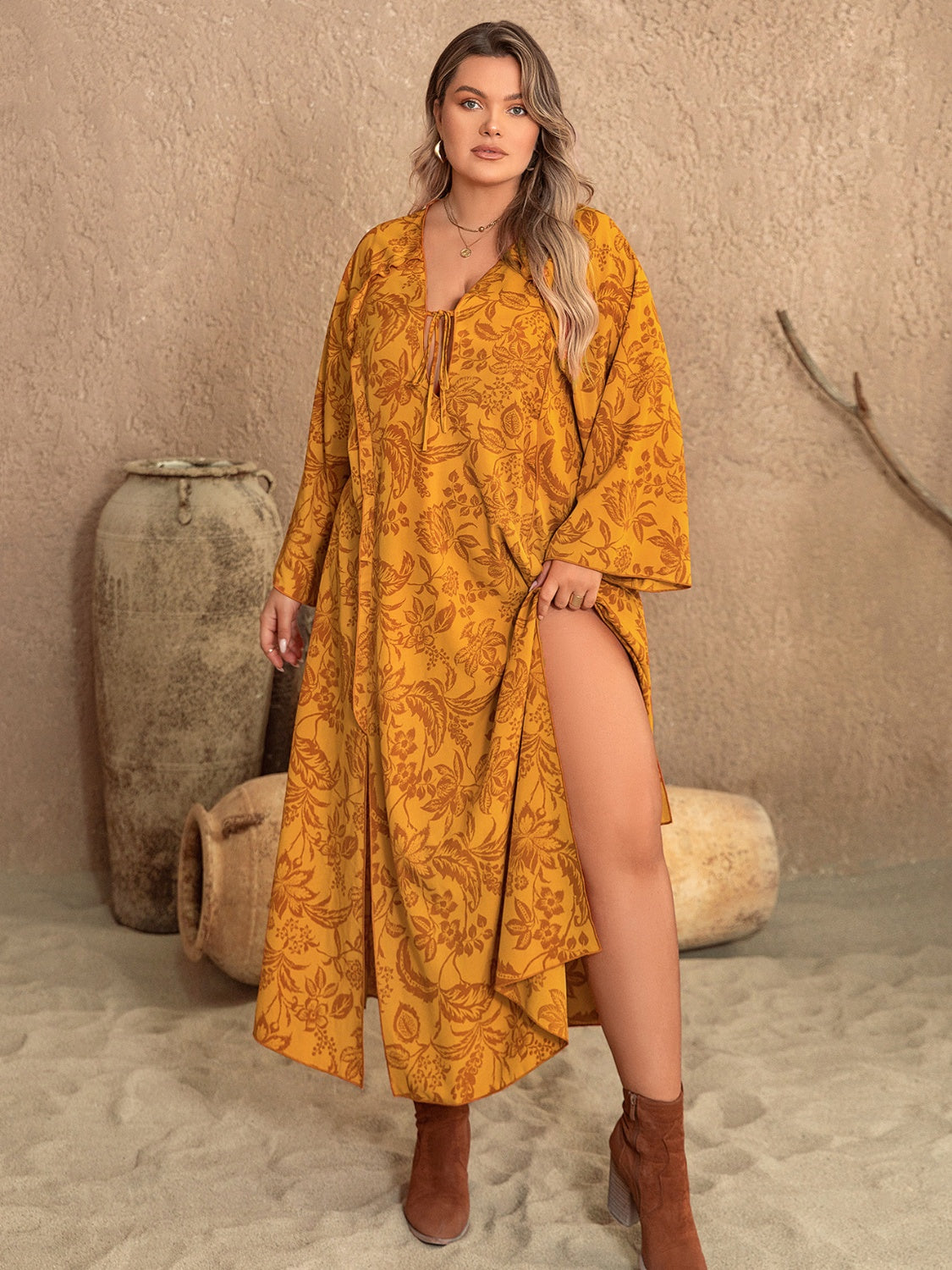 (Curvy) Festival Feels Printed Slit Long Sleeve Dress - BP