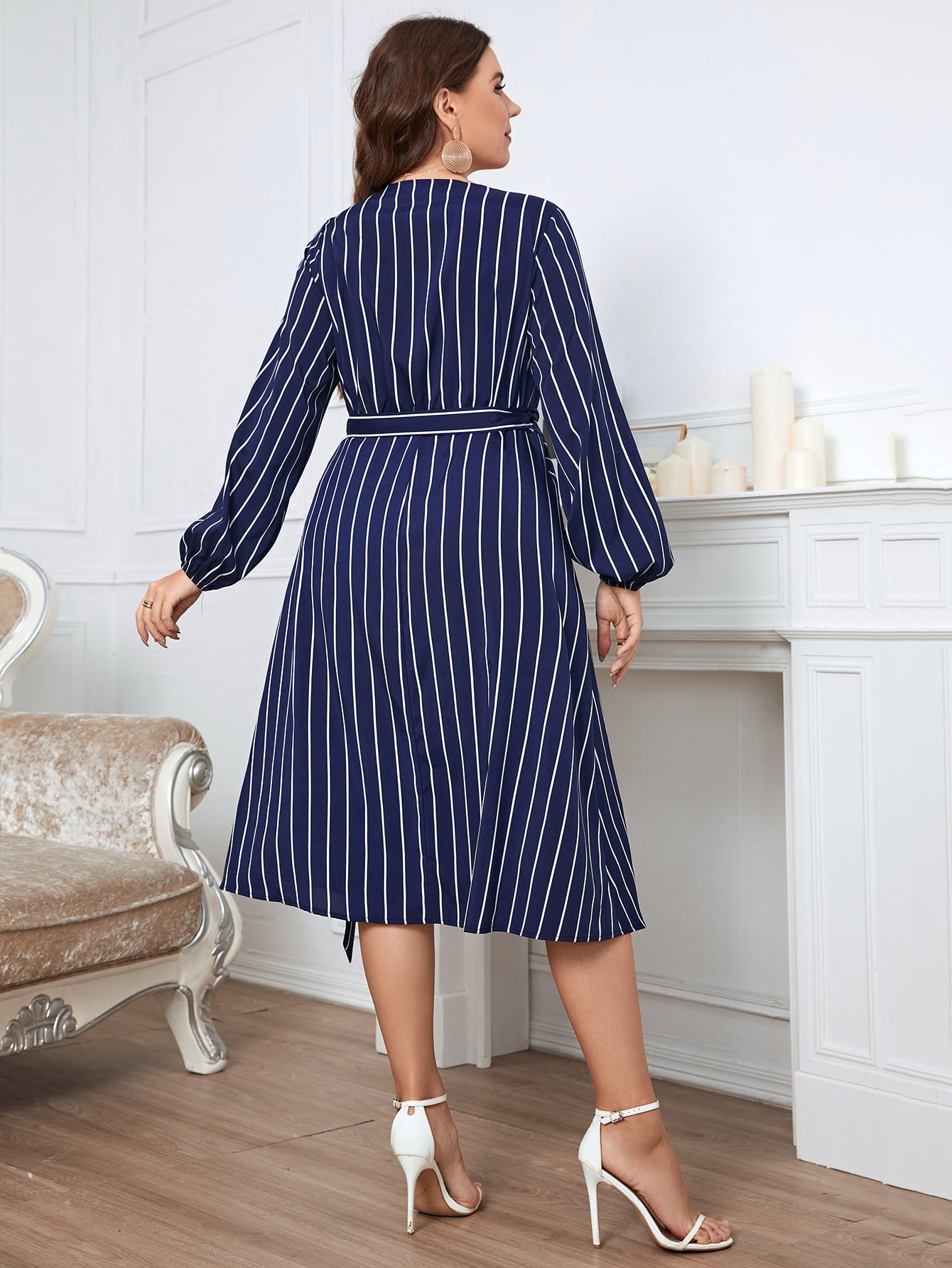 (1X-4X) Wicked Fun Melo Apparel Striped Surplice Neck Long Sleeve Dress