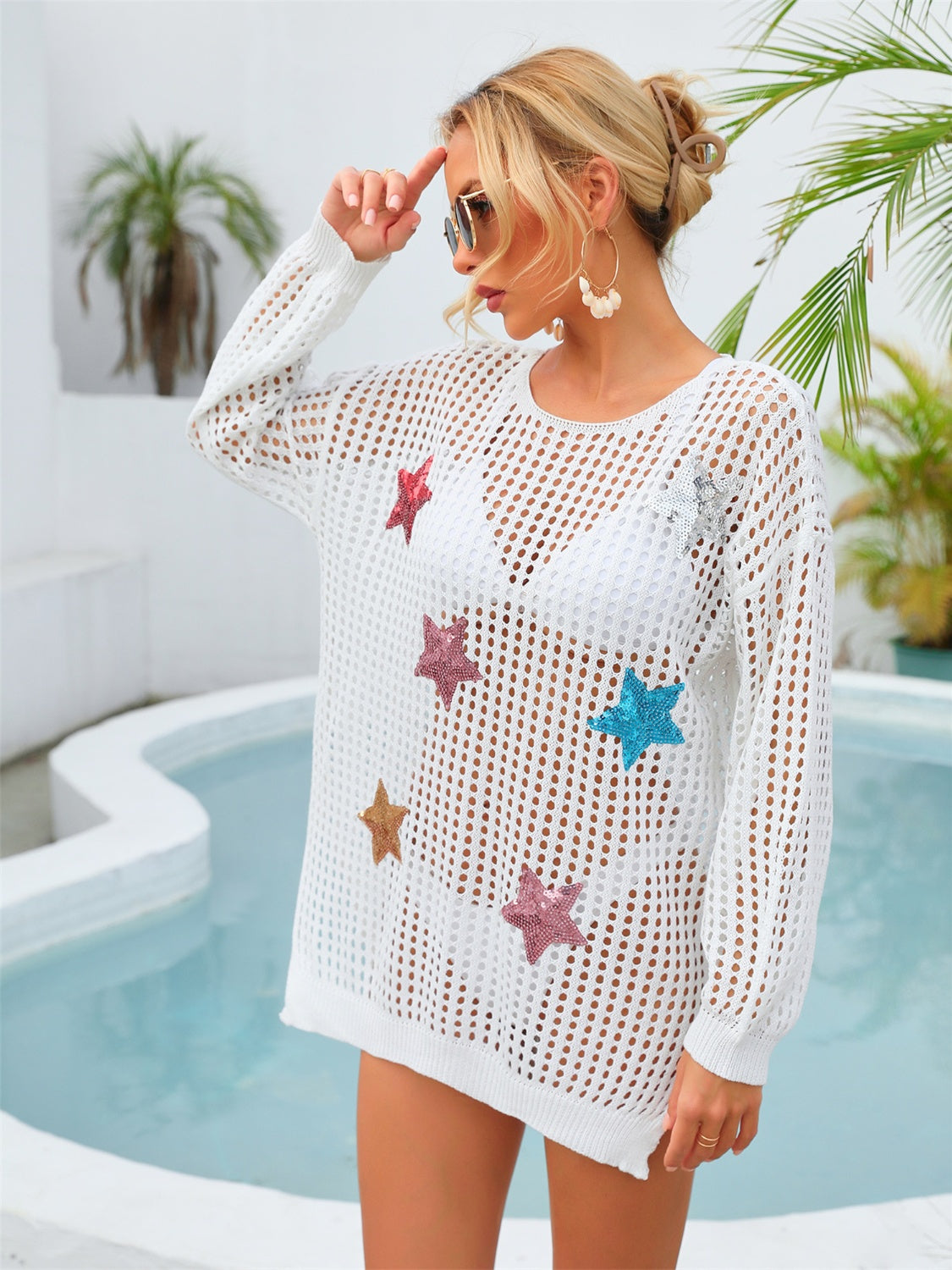 Flashy Fireworks Sequin Star Round Neck Long Sleeve Cover Up