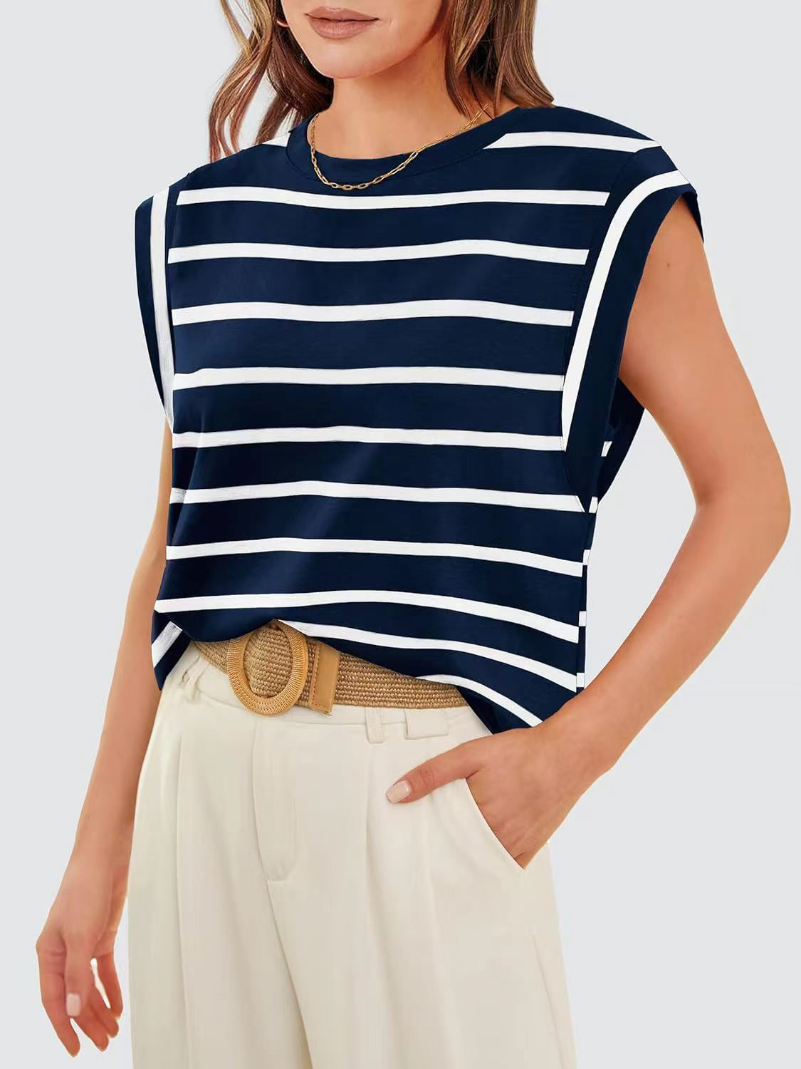 (S-2X) Happiest Here Striped Round Neck Cap Sleeve T-Shirt (Multiple Colors)