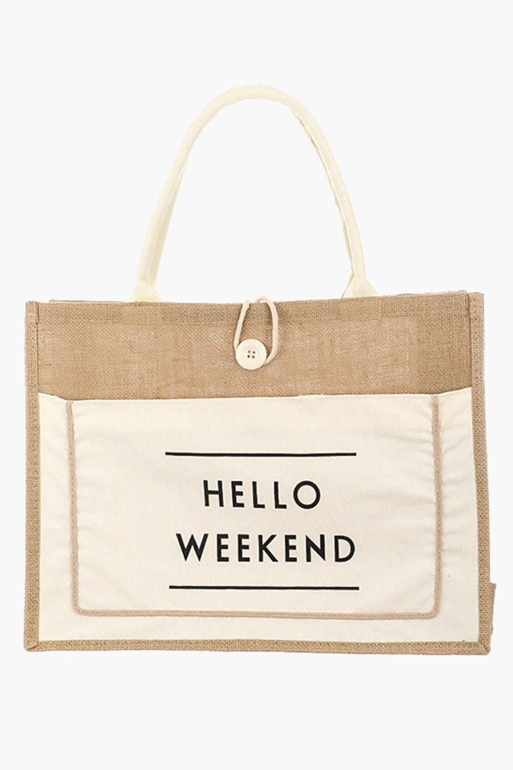 Hello Weekend Burlap Tote Bag (Multiple Colors)