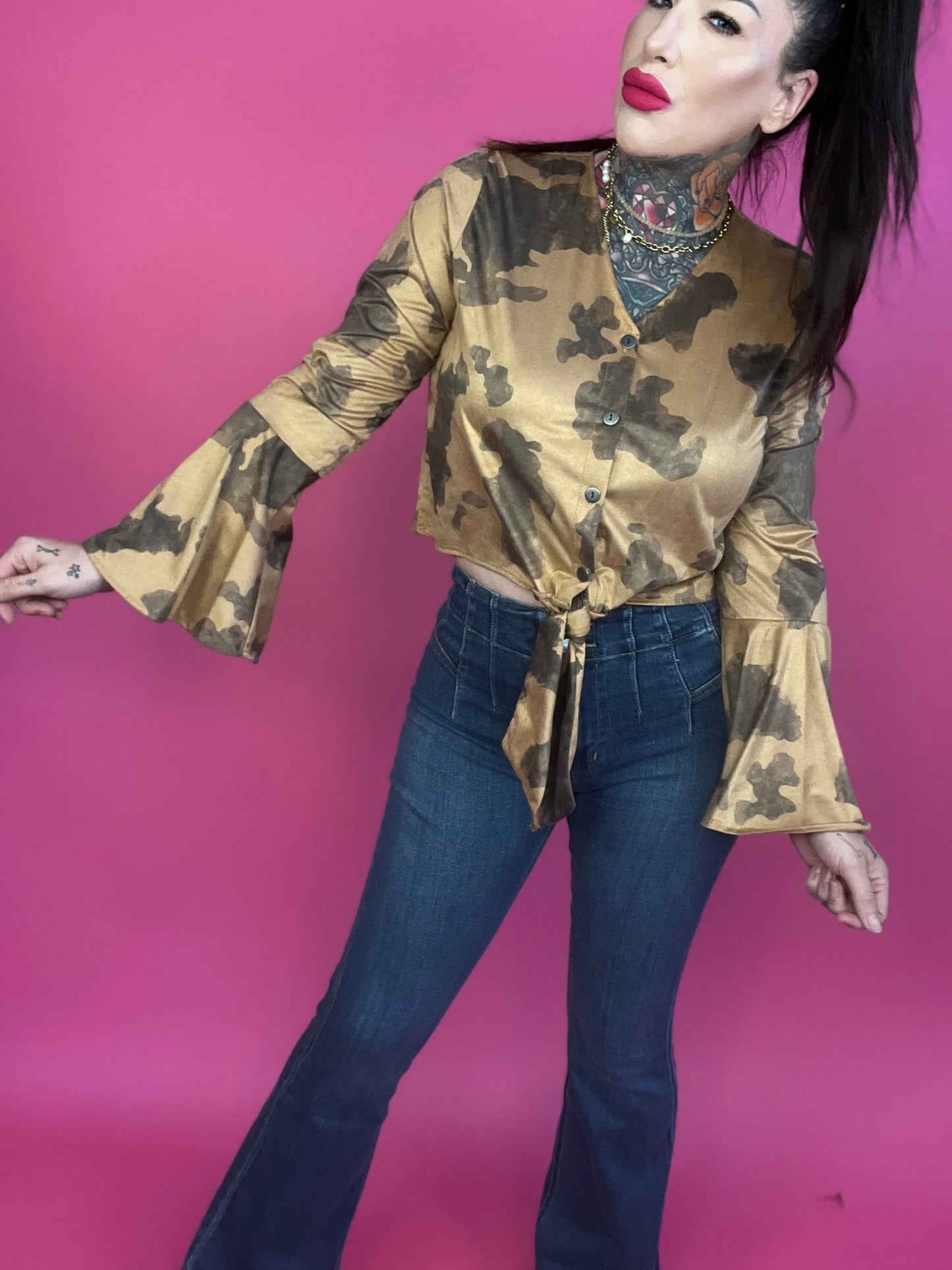 Saddle Up Suede Cow Print Bell Sleeve Top