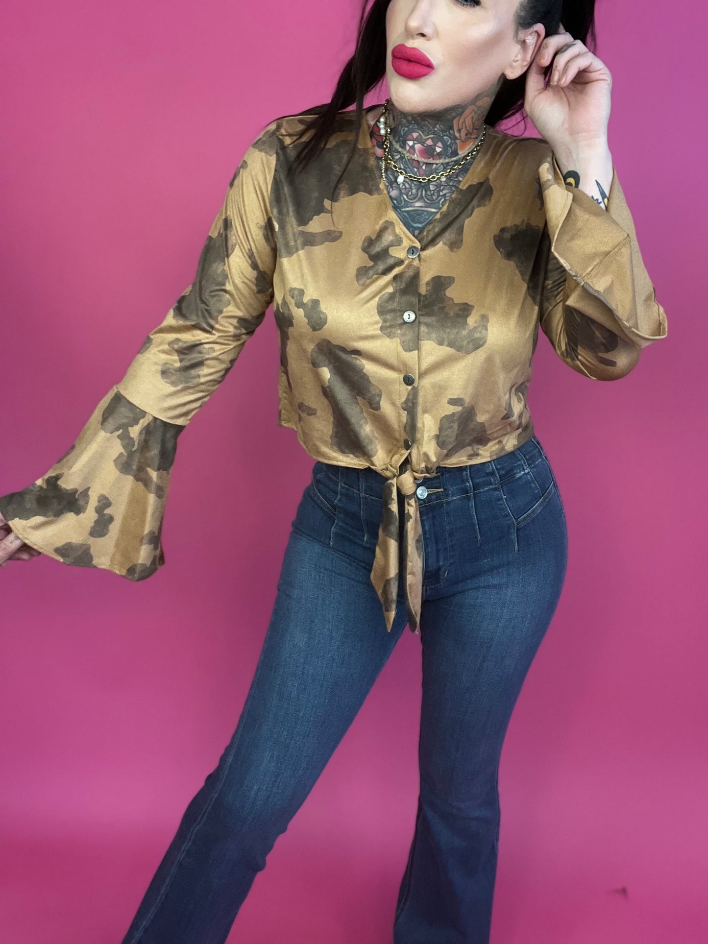 Saddle Up Suede Cow Print Bell Sleeve Top