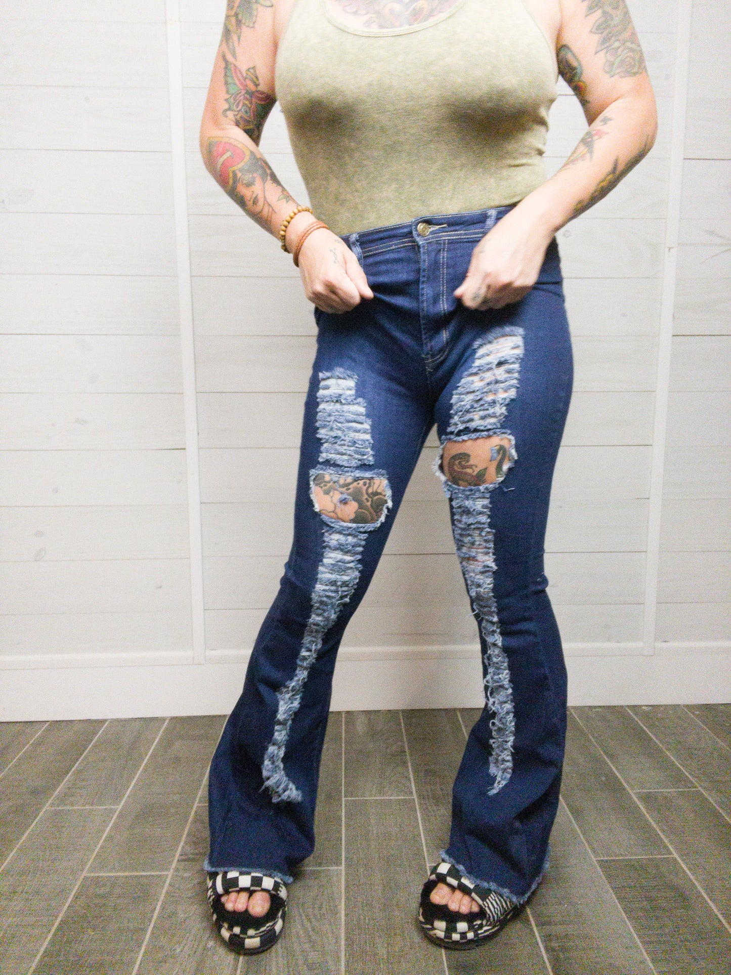 Rockstar Mentality High Waisted Distressed Bell Bottoms