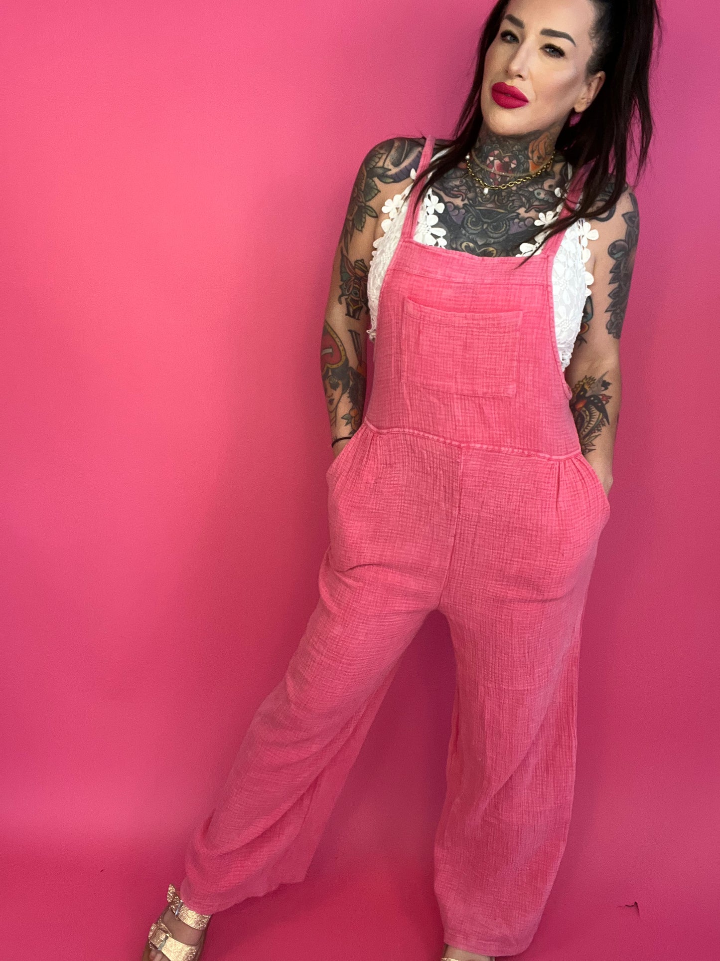 VERY J Texture Washed Wide Leg Overalls - BP