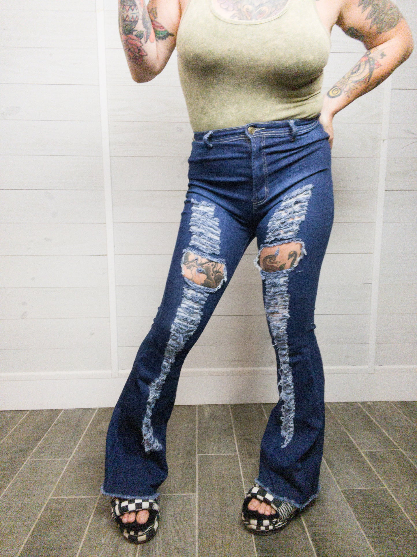 Rockstar Mentality High Waisted Distressed Bell Bottoms