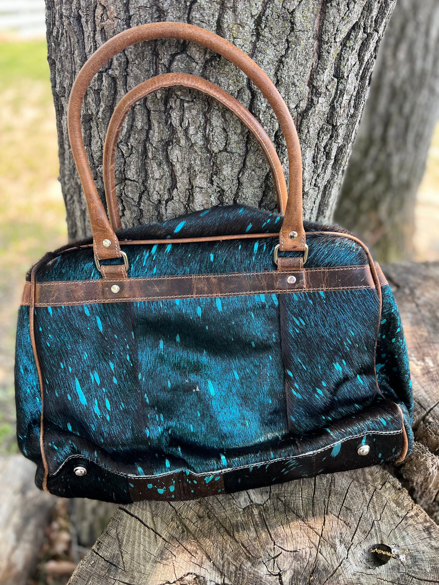 Genuine Cowhide Leather Mini Duffle Brown & Turquoise Specs