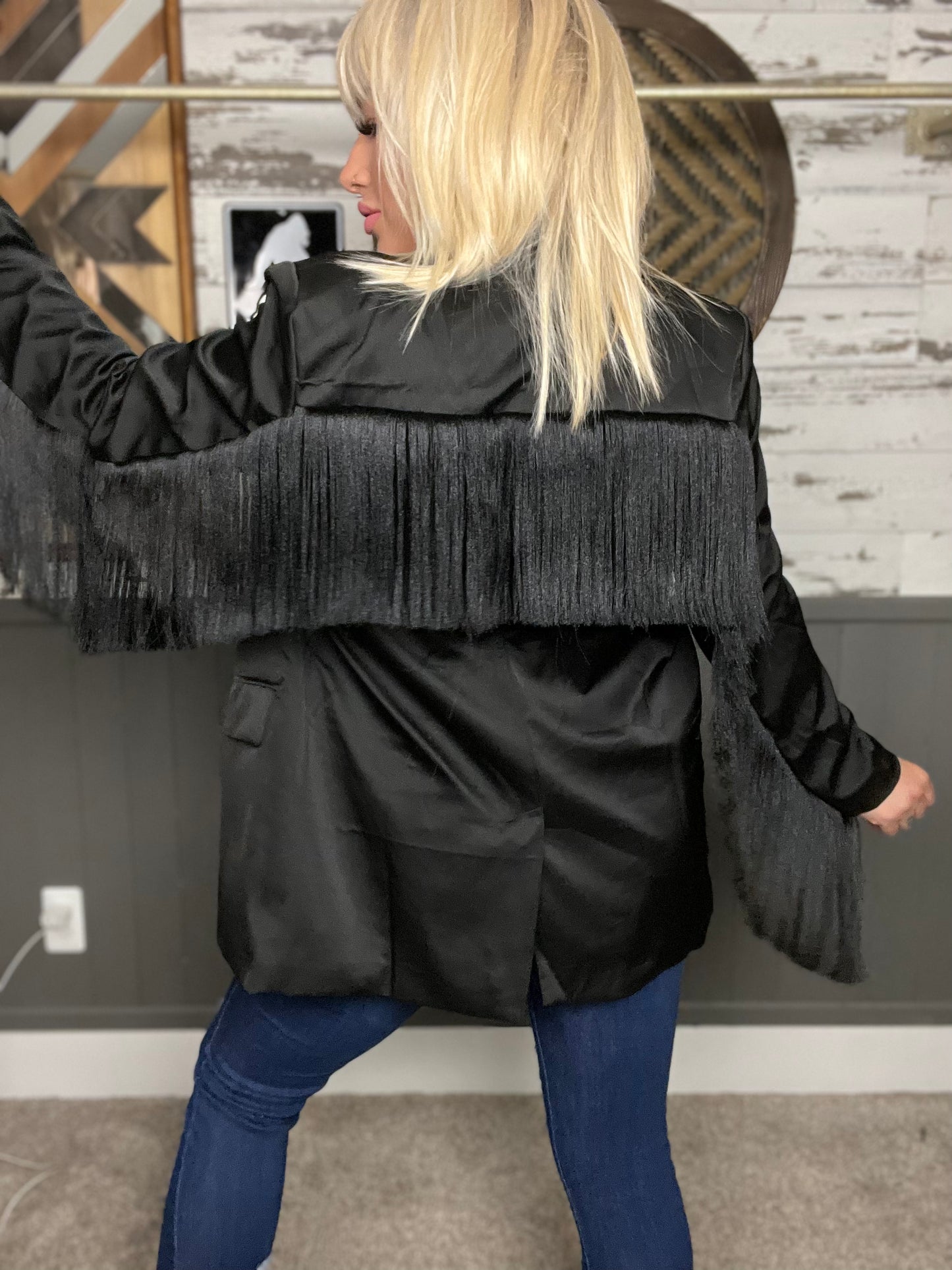 Broadway Girl Satin Fringe Blazer