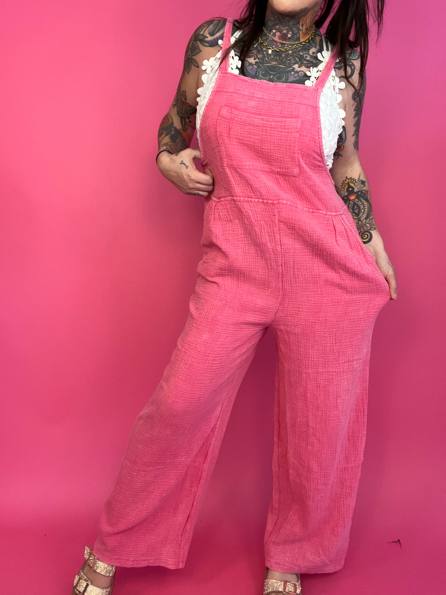 VERY J Texture Washed Wide Leg Overalls - BP