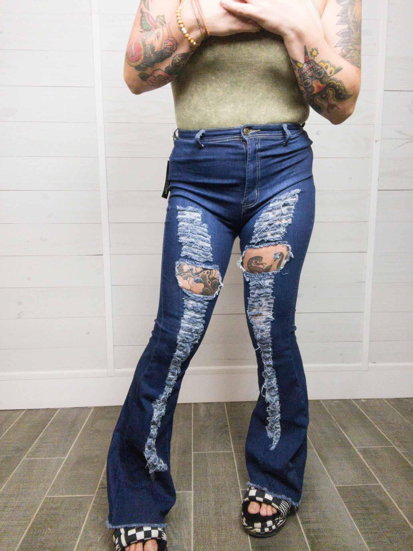 Rockstar Mentality High Waisted Distressed Bell Bottoms