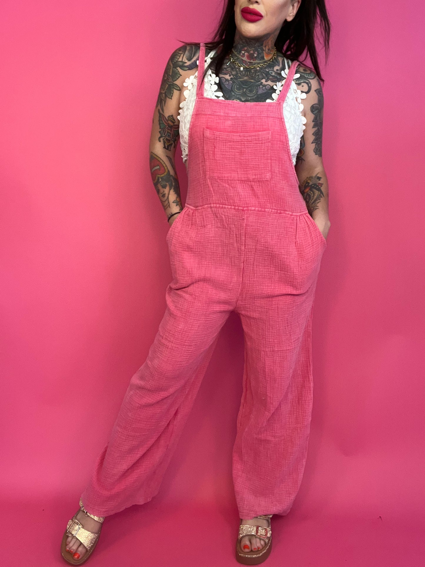 VERY J Texture Washed Wide Leg Overalls - BP