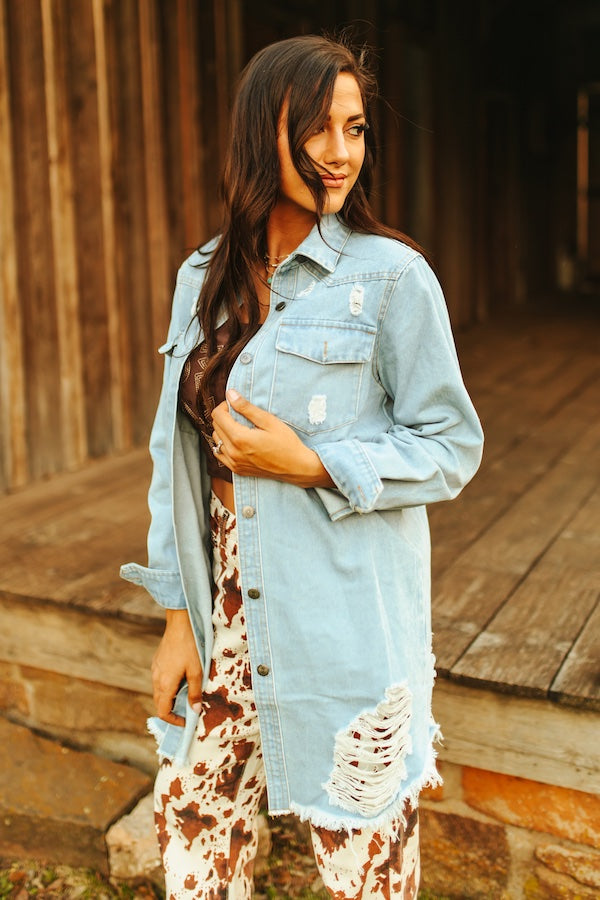 (S-3X) Lucky & Blessed Stone Washed Distressed Denim Button Down Shirt