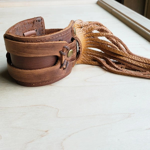 Fringed Out Tan Distressed Leather Cuff