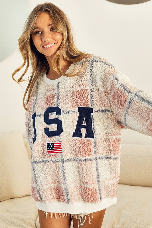 Feelin' Patriotic Plaid Sherpa Pullover