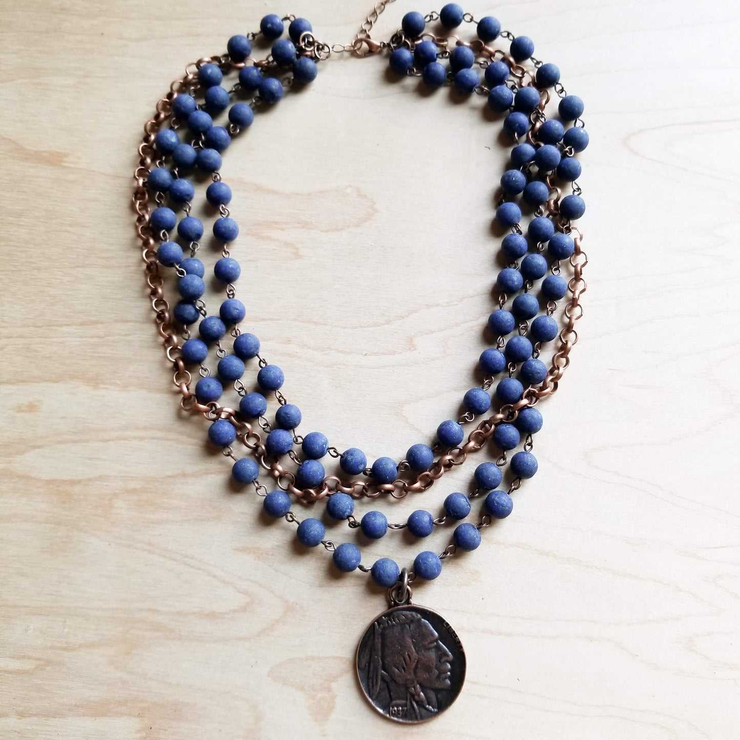 Frosted Blue Lapis Necklace w/ Copper Coin